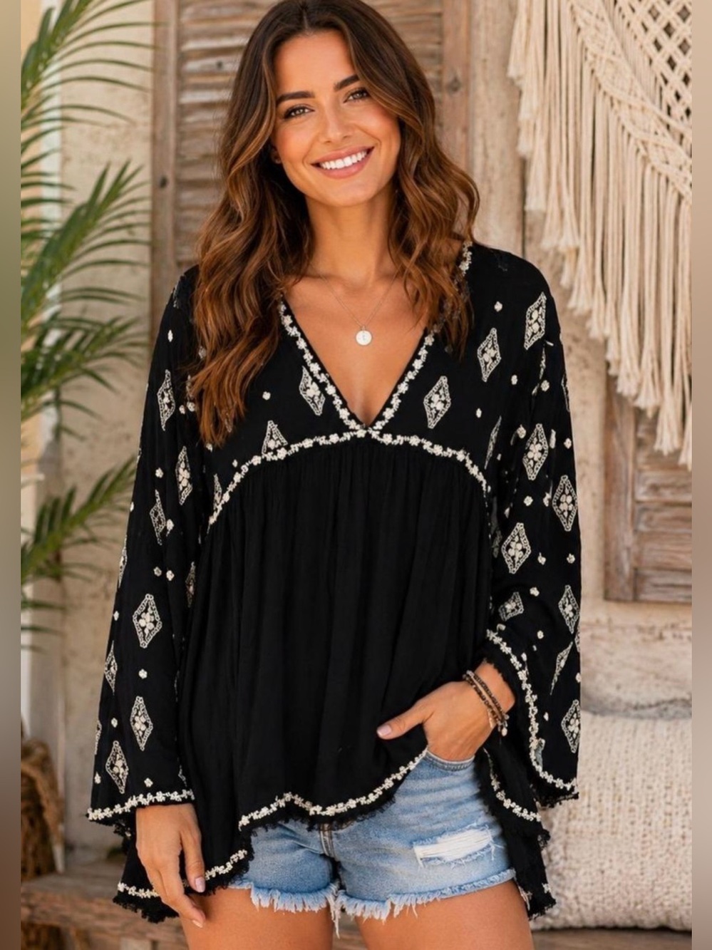 Free People Black Tunic Dress with Cream Embroidery